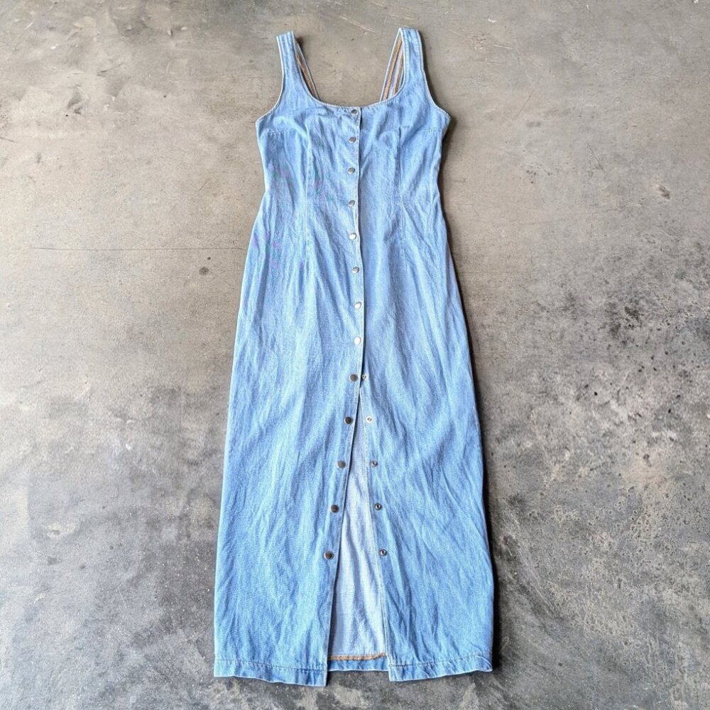 Vintage Paris Blues Denim Snap Front Midi Sheath Dress - Picture 2 of 11